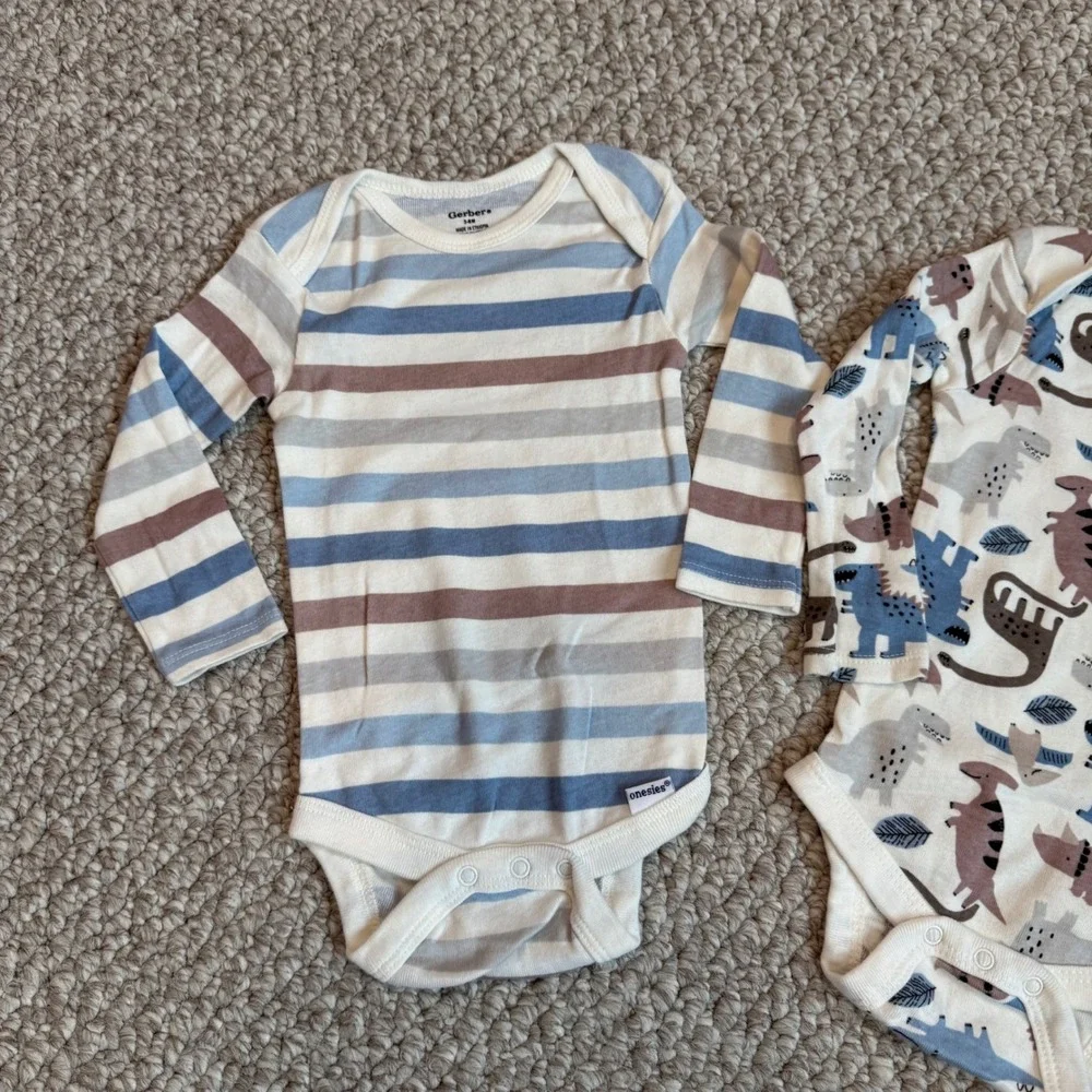 Gerber Onesies Size 3-6M Long Sleeve Bodysuit Bundle Stripe Dinosaur Cotton Baby